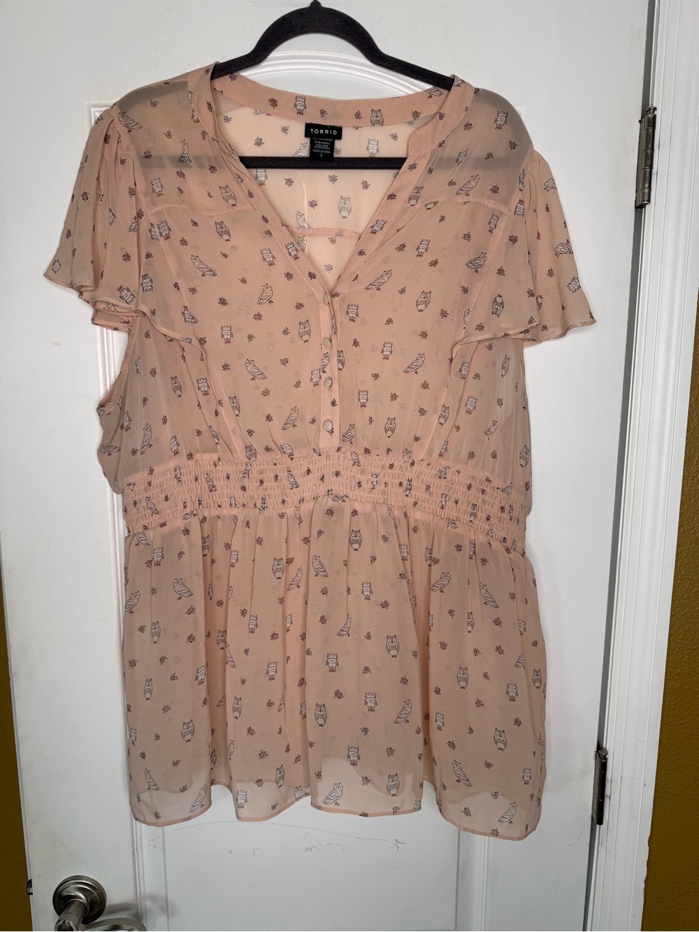 Torrid Owl Printed Light Pink Smocked-Waist Chiffon Babydoll Blouse. Size 3X